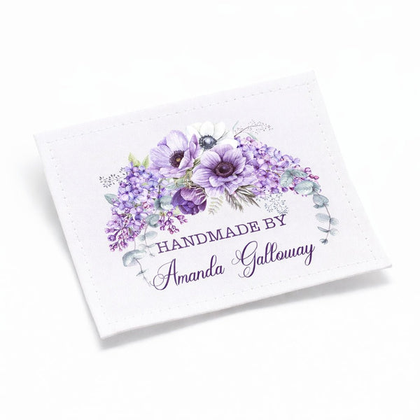Personalized Purple Floral Quilt Label – Custom Handmade By Quilt Label with Name – Cotton or Polyester – 2 x 2.5" – Sheet of 9 – Jammin’ Threads - Jammin Threads