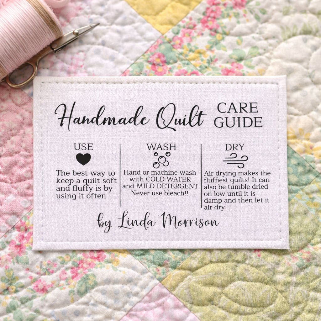 Personalized Quilt Care Guide Labels – Handmade Quilt Care Instructions Tag – Quilt Washing Instructions – Cotton or Polyester – Set of 6 - Jammin Threads