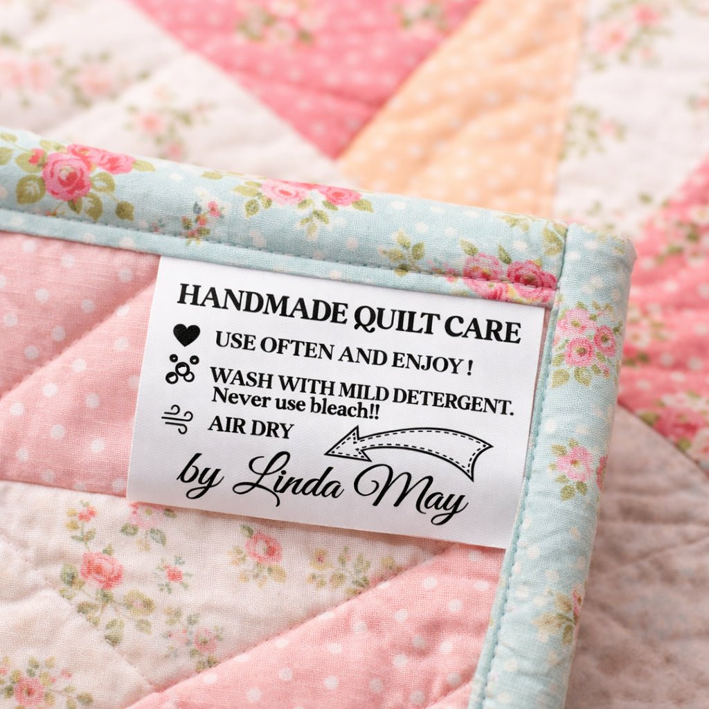 Personalized Quilt Care Labels – Satin Quilt Laundering Instruction Tags – Custom Quilt Maker Name Labels – Sew - In Quilt Care Tags – Set of 25 - Jammin Threads