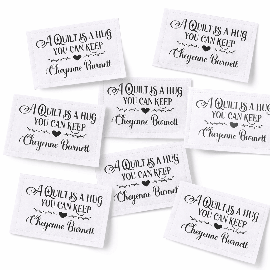 Personalized Quilt Label – “A Quilt is a Hug You Can Keep” – Custom Maker Name – 8 Per Sheet – 2.25” x 1.25” Cotton or Poly - Jammin Threads