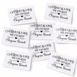 Personalized Quilt Label – “A Quilt is a Hug You Can Keep” – Custom Maker Name – 8 Per Sheet – 2.25” x 1.25” Cotton or Poly - Jammin Threads