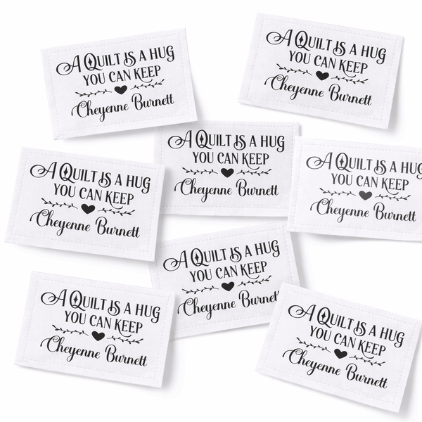 Personalized Quilt Label – “A Quilt is a Hug You Can Keep” – Custom Maker Name – 8 Per Sheet – 2.25” x 1.25” Cotton or Poly - Jammin Threads