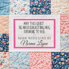 Personalized Quilt Label – “Everlasting Hug” Message – Custom Maker Name – Pink Border Quilt Label – Cotton or Polyester - Jammin Threads