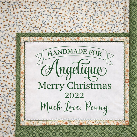 Personalized Quilt Label – Handmade For Banner Label with Name, Date & Message – Custom Gift Quilt Tag – Cotton or Polyester – 3.5 x 2.5" - Jammin Threads