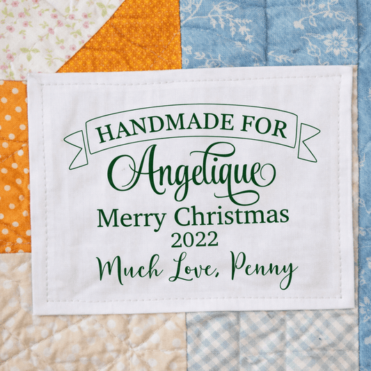 Personalized Quilt Label – Handmade For Banner Label with Name, Date & Message – Custom Gift Quilt Tag – Cotton or Polyester – 3.5 x 2.5" - Jammin Threads