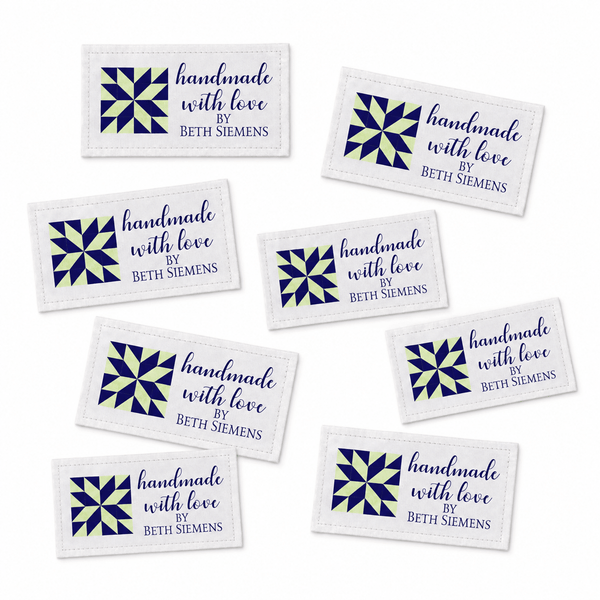 Personalized Quilt Label – Handmade With Love – Blue & Green Quilt Block – Custom Quilt Tag - Jammin Threads