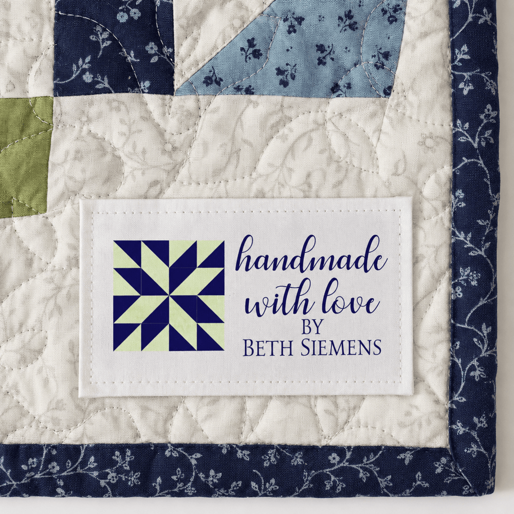 Personalized Quilt Label – Handmade With Love – Blue & Green Quilt Block – Custom Quilt Tag - Jammin Threads