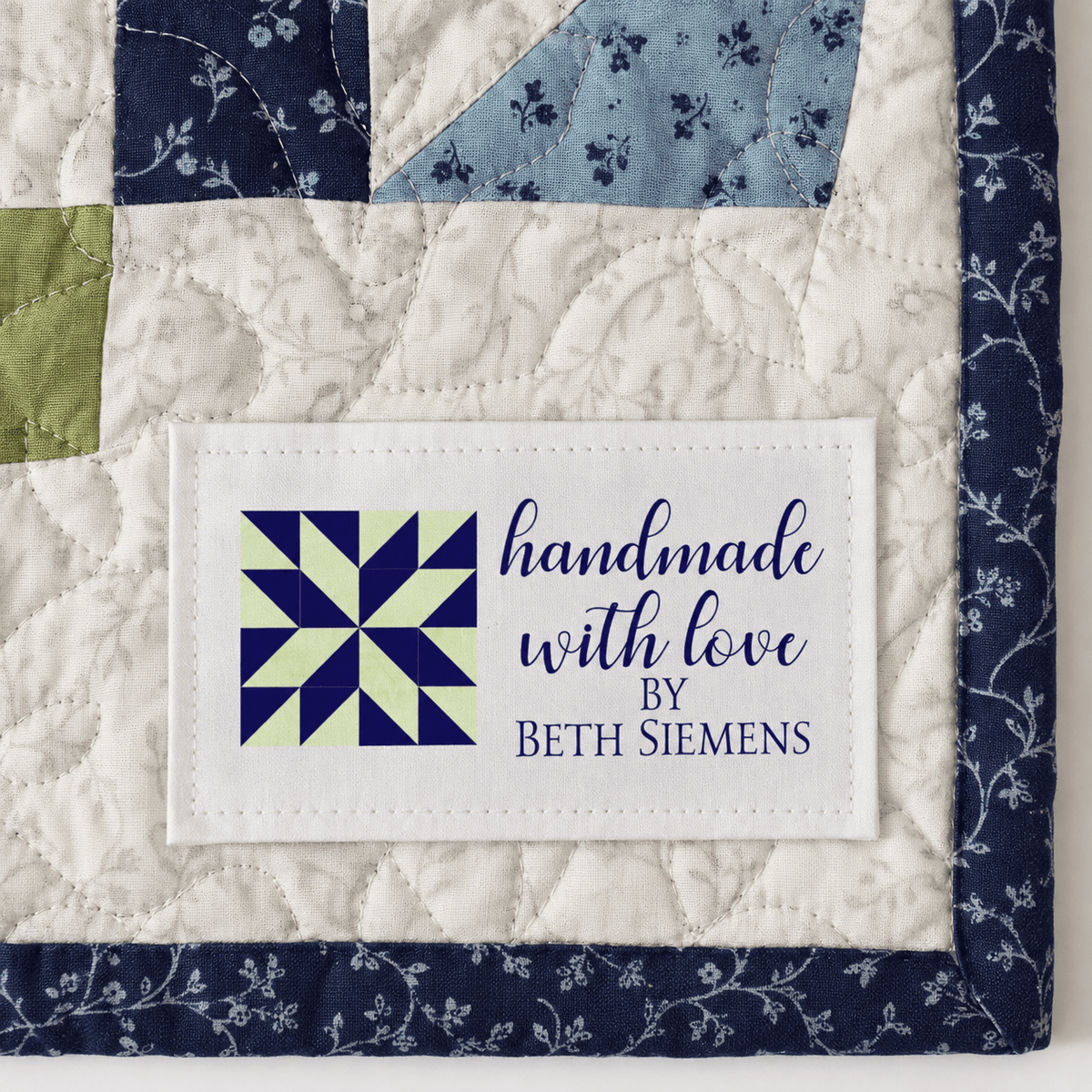 Personalized Quilt Label – Handmade With Love – Blue & Green Quilt Block – Custom Quilt Tag - Jammin Threads
