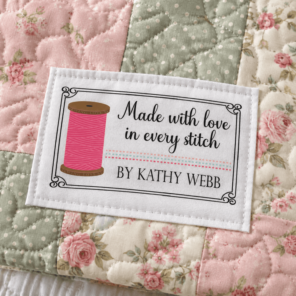 Personalized Quilt Label – Made With Love in Every Stitch – Pink Thread Spool Custom Maker Label - Jammin Threads