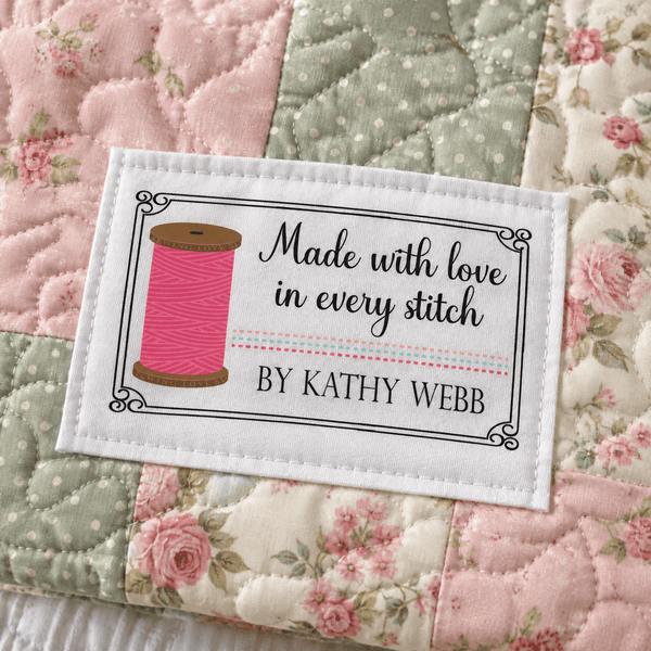 Personalized Quilt Label – Made With Love in Every Stitch – Pink Thread Spool Custom Maker Label - Jammin Threads