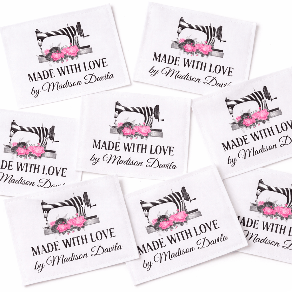 Personalized Quilt Label – Made with Love Sewing Machine Design – Custom Name Quilt Labels – Cotton or Polyester – 8 Per Sheet - Jammin Threads