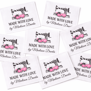 Personalized Quilt Label – Made with Love Sewing Machine Design – Custom Name Quilt Labels – Cotton or Polyester – 8 Per Sheet - Jammin Threads