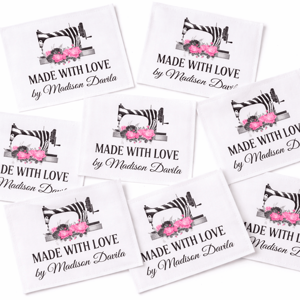 Personalized Quilt Label – Made with Love Sewing Machine Design – Custom Name Quilt Labels – Cotton or Polyester – 8 Per Sheet - Jammin Threads