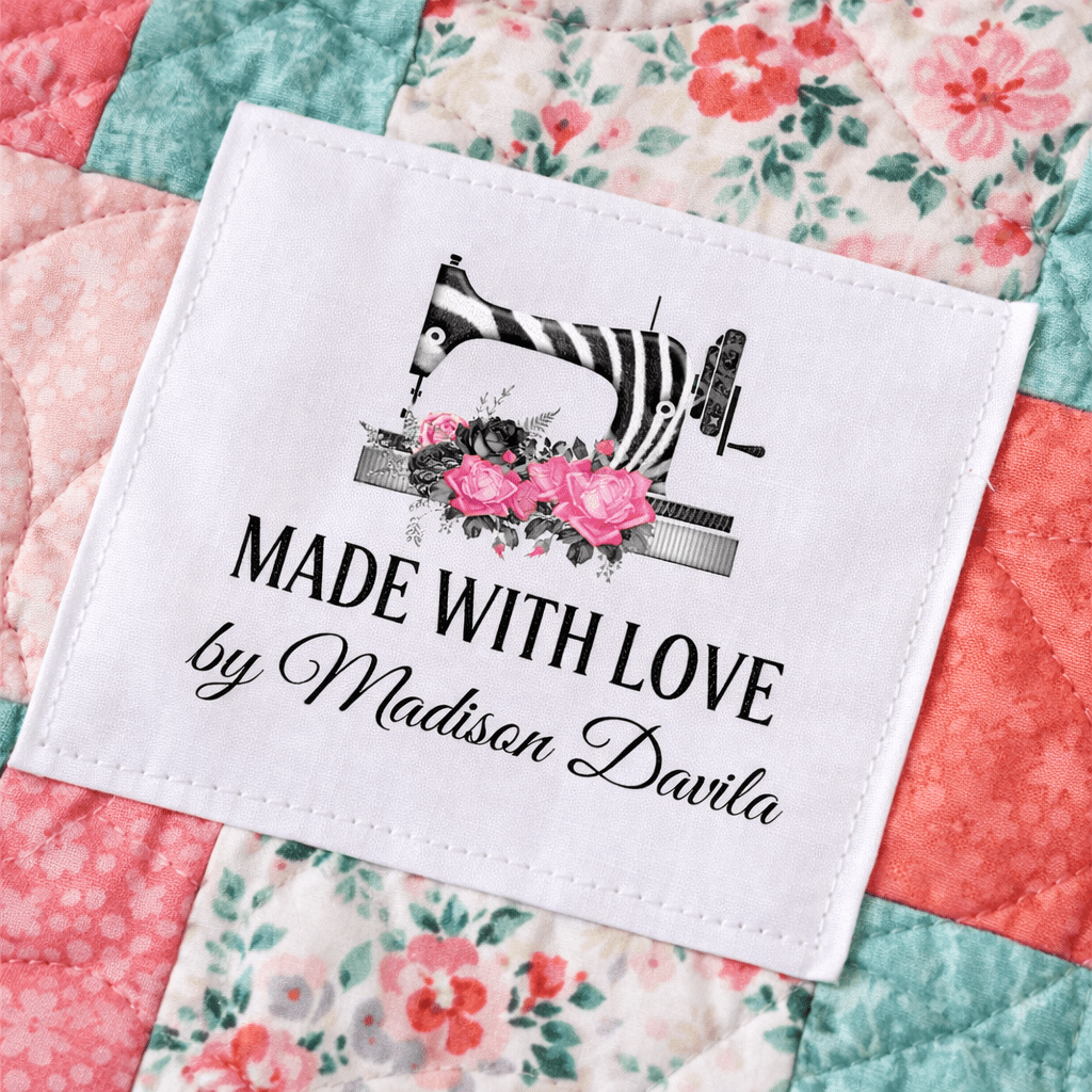 Personalized Quilt Label – Made with Love Sewing Machine Design – Custom Name Quilt Labels – Cotton or Polyester – 8 Per Sheet - Jammin Threads