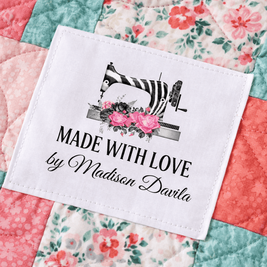 Personalized Quilt Label – Made with Love Sewing Machine Design – Custom Name Quilt Labels – Cotton or Polyester – 8 Per Sheet - Jammin Threads