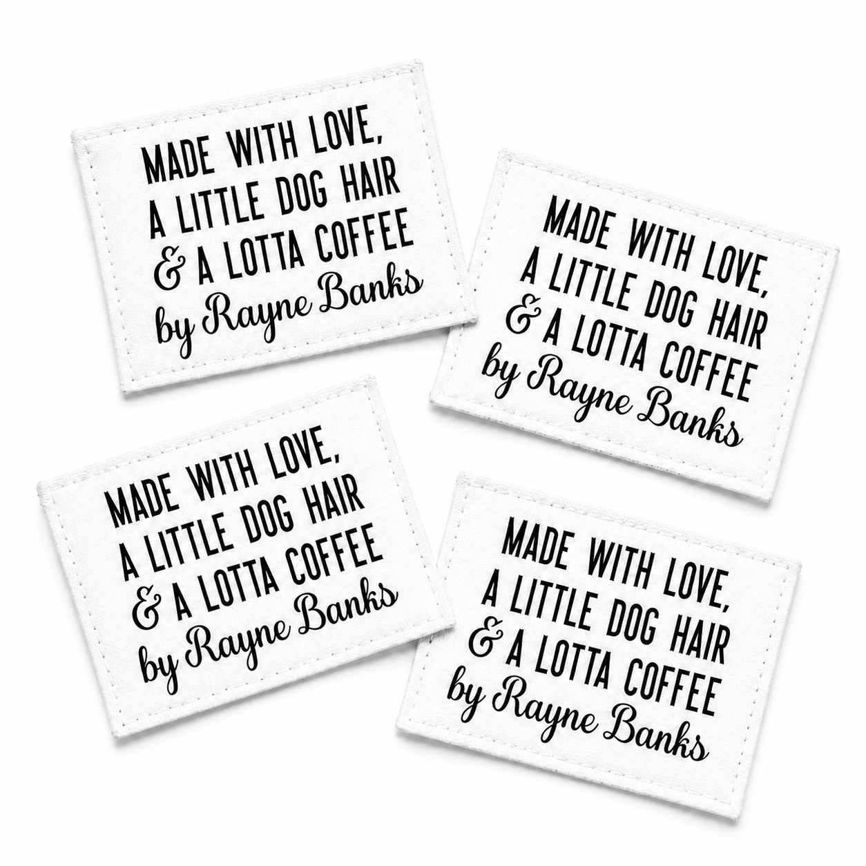 Personalized Quilt Labels – “Made with Love, a Little Dog Hair & a Lotta Coffee” – 2x1.5” - Jammin Threads