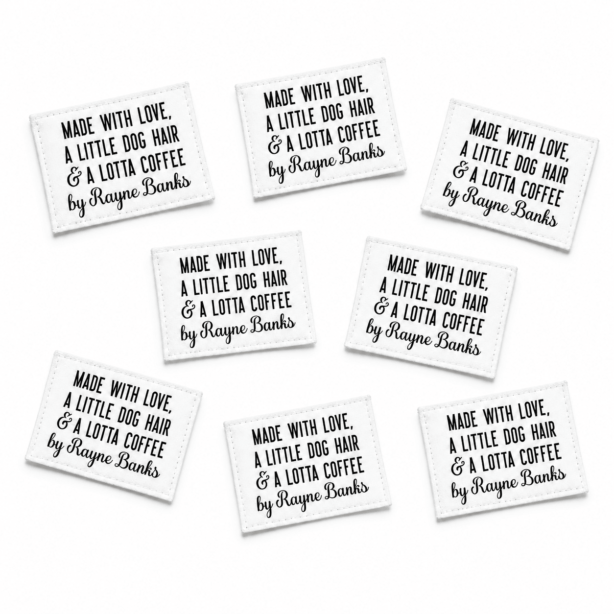 Personalized Quilt Labels – “Made with Love, a Little Dog Hair & a Lotta Coffee” – 2x1.5” - Jammin Threads