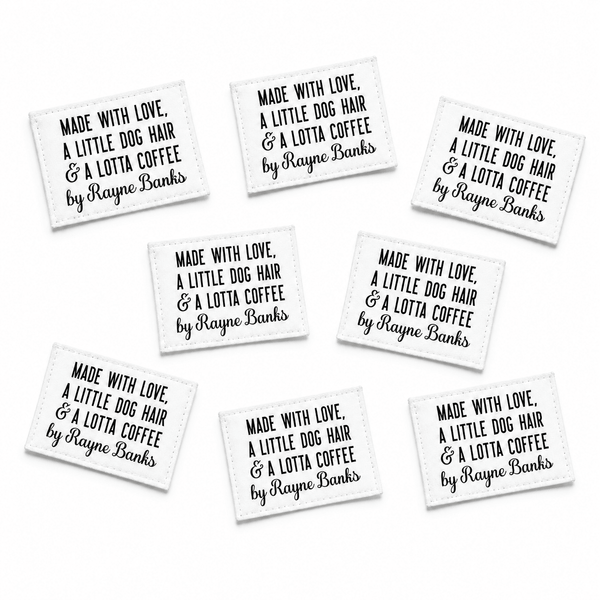 Personalized Quilt Labels – “Made with Love, a Little Dog Hair & a Lotta Coffee” – 2x1.5” - Jammin Threads