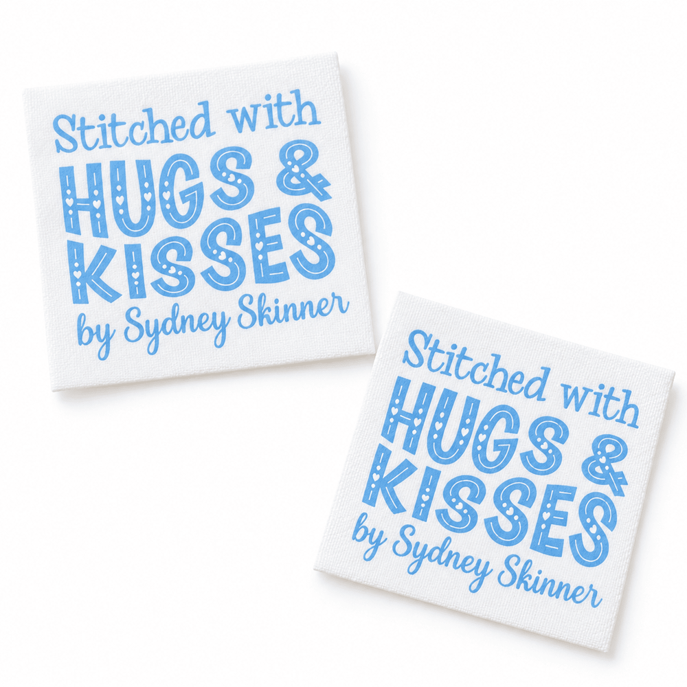 Personalized Quilt Labels – “Stitched with Hugs & Kisses” – Custom Quilt Tag with Name - Jammin Threads