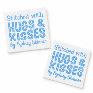 Personalized Quilt Labels – “Stitched with Hugs & Kisses” – Custom Quilt Tag with Name - Jammin Threads