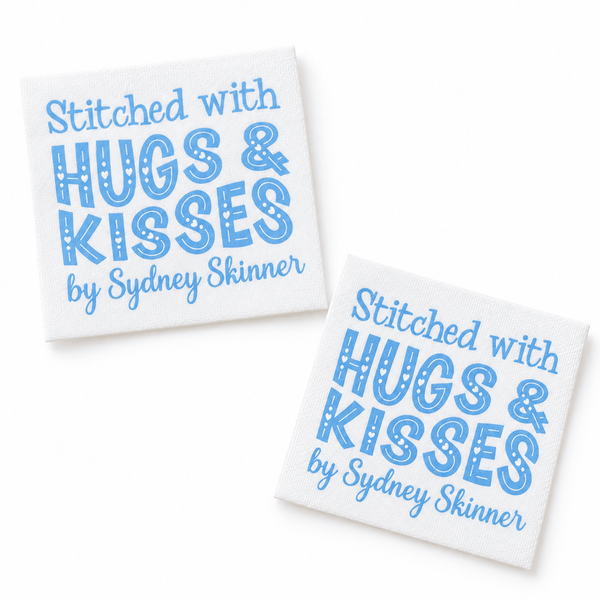 Personalized Quilt Labels – “Stitched with Hugs & Kisses” – Custom Quilt Tag with Name - Jammin Threads