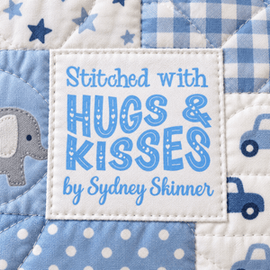 Personalized Quilt Labels – “Stitched with Hugs & Kisses” – Custom Quilt Tag with Name - Jammin Threads