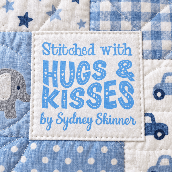 Personalized Quilt Labels – “Stitched with Hugs & Kisses” – Custom Quilt Tag with Name - Jammin Threads