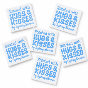 Personalized Quilt Labels – “Stitched with Hugs & Kisses” – Custom Quilt Tag with Name - Jammin Threads