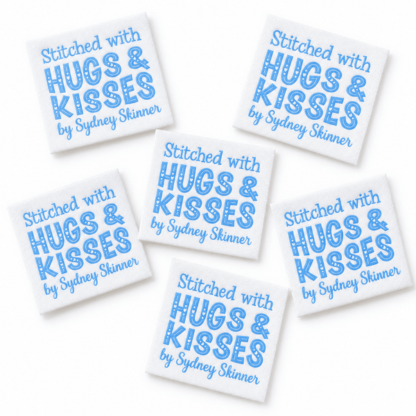 Personalized Quilt Labels – “Stitched with Hugs & Kisses” – Custom Quilt Tag with Name - Jammin Threads