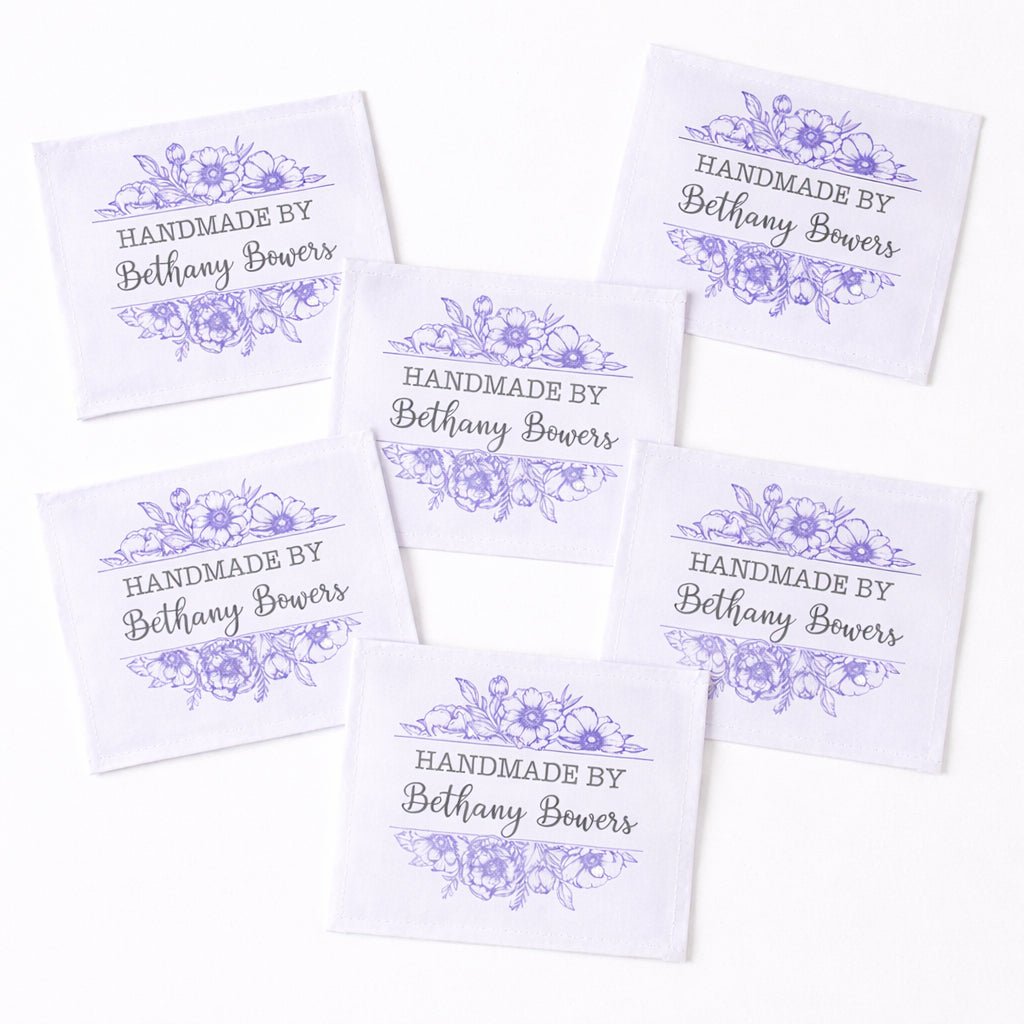 Personalized Quilt Labels with Purple Floral Frame – Handmade By Custom Name – Set of 6 Fabric Quilt Labels - Jammin Threads