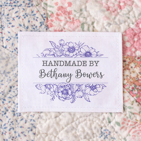 Personalized Quilt Labels with Purple Floral Frame – Handmade By Custom Name – Set of 6 Fabric Quilt Labels - Jammin Threads