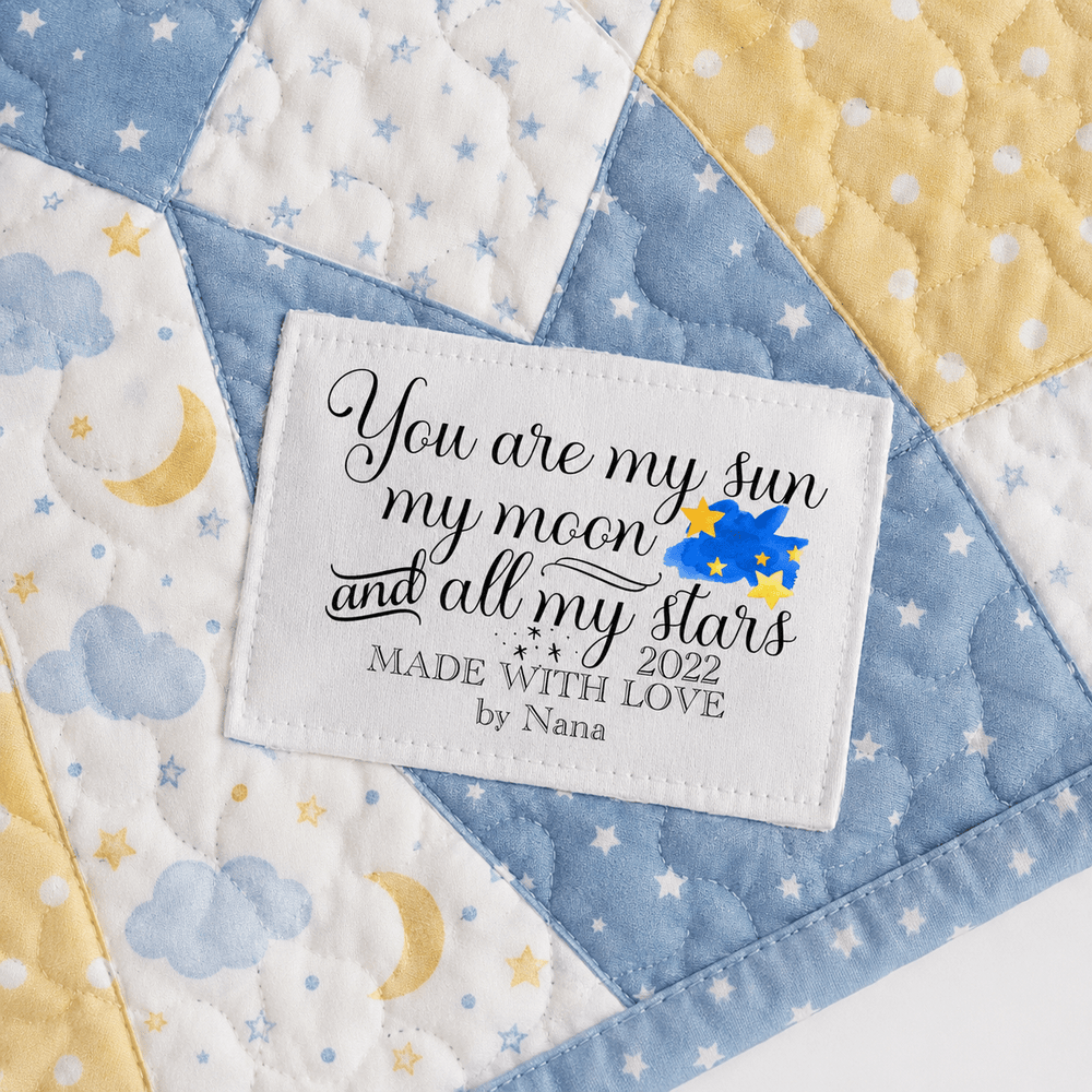 Personalized Quilt Labels – “You Are My Sun, My Moon and All My Stars” – Custom Quilt Tag with Name & Year – Cotton or Polyester – 2 or 6 per Sheet - Jammin Threads