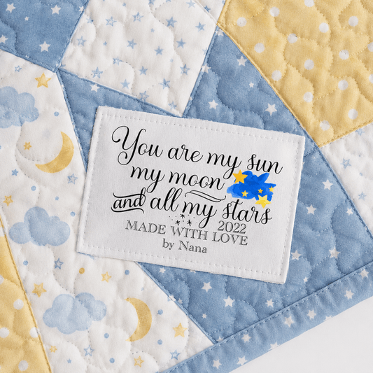 Personalized Quilt Labels – “You Are My Sun, My Moon and All My Stars” – Custom Quilt Tag with Name & Year – Cotton or Polyester – 2 or 6 per Sheet - Jammin Threads