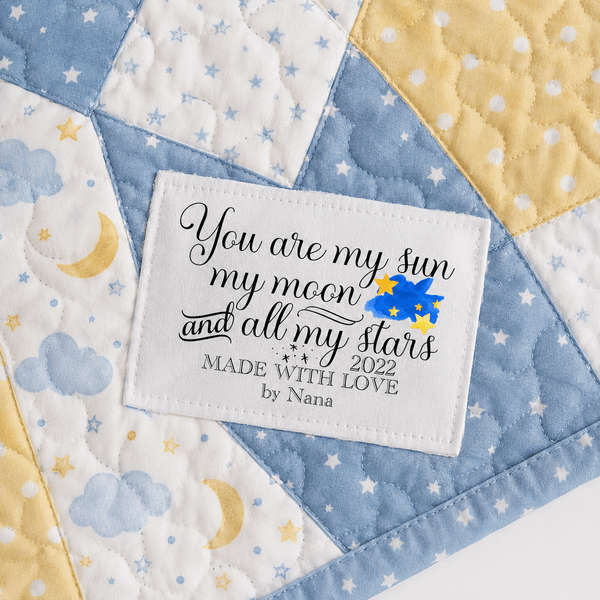 Personalized Quilt Labels – “You Are My Sun, My Moon and All My Stars” – Custom Quilt Tag with Name & Year – Cotton or Polyester – 2 or 6 per Sheet - Jammin Threads