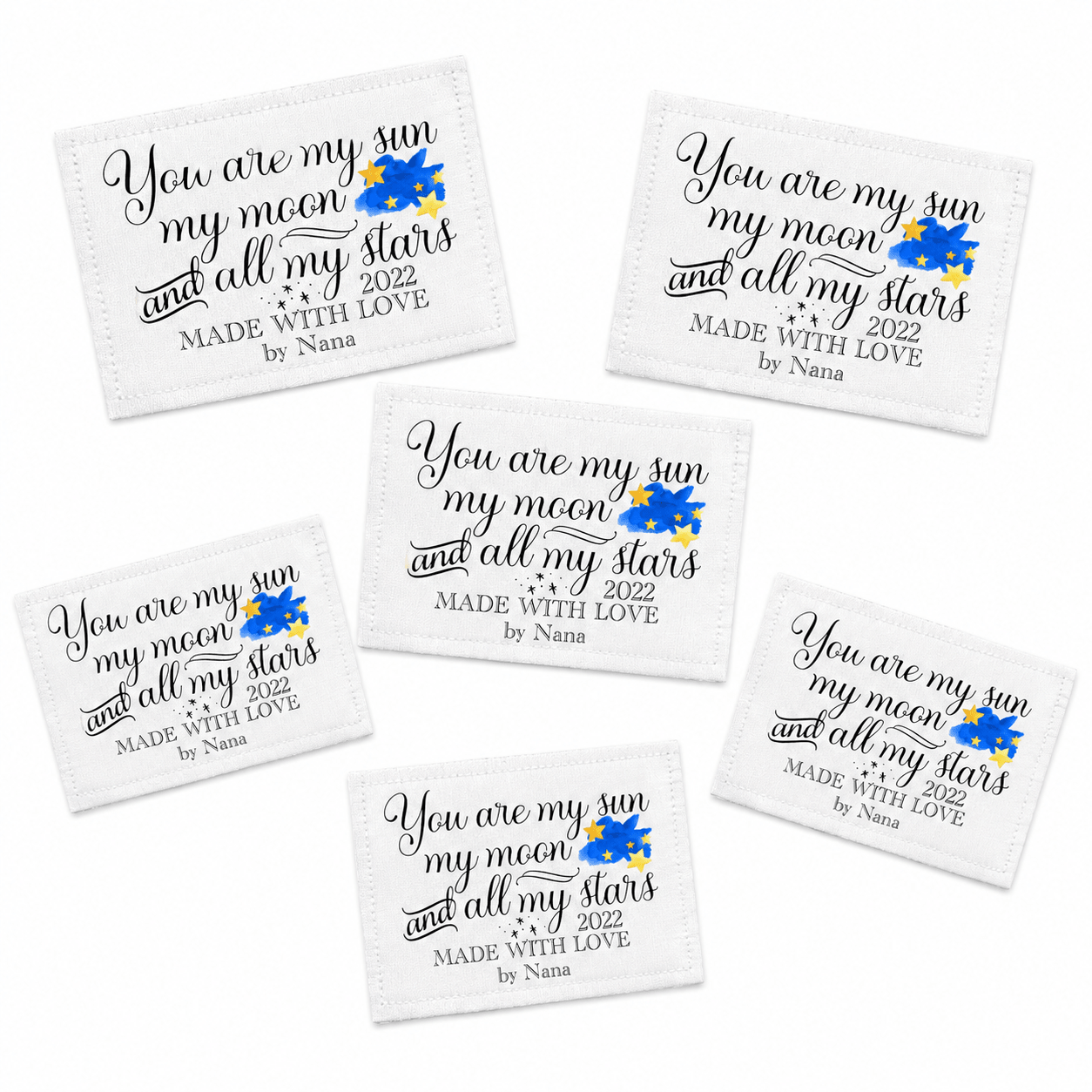 Personalized Quilt Labels – “You Are My Sun, My Moon and All My Stars” – Custom Quilt Tag with Name & Year – Cotton or Polyester – 2 or 6 per Sheet - Jammin Threads