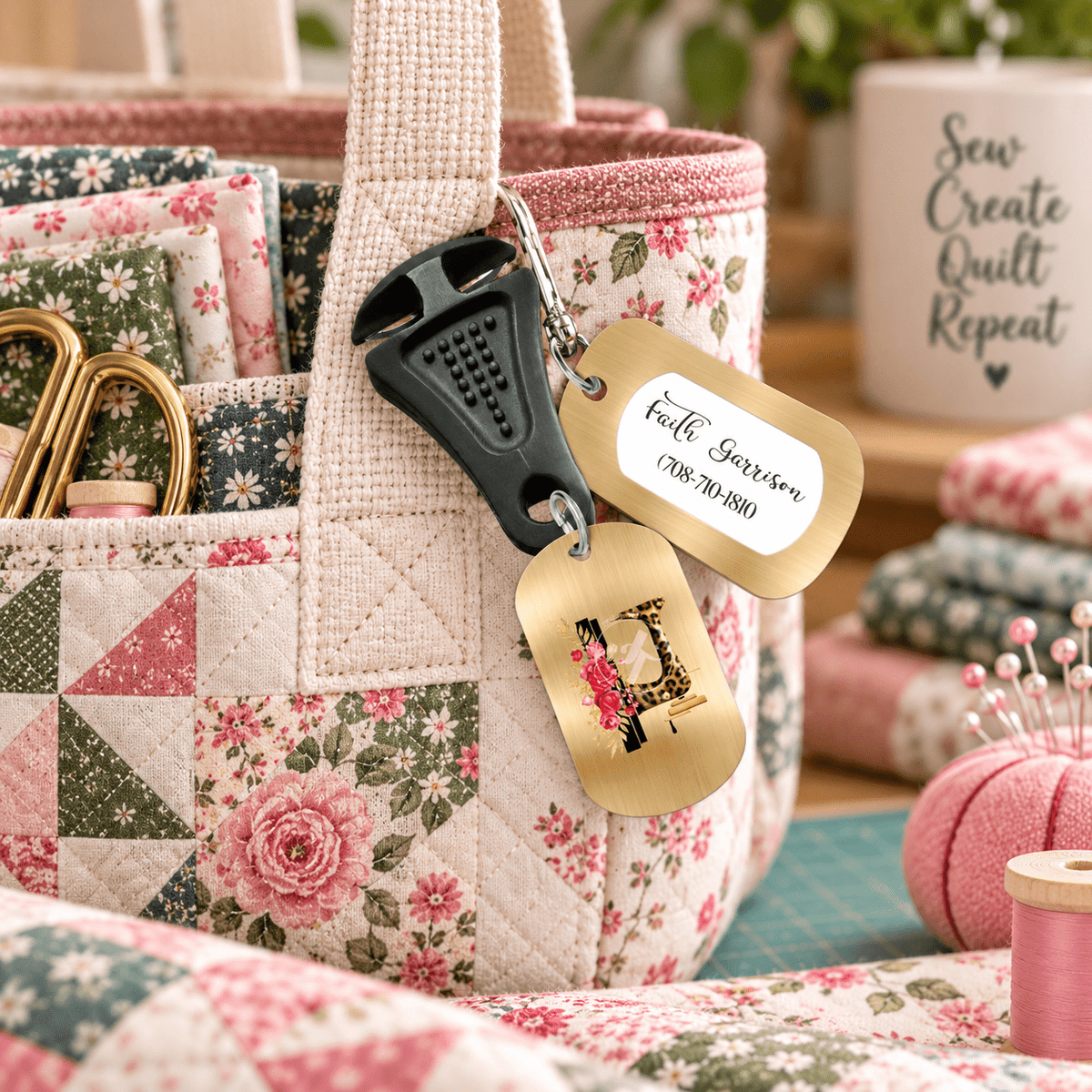 Personalized Quilter Bag Tag with Thread Cutter – Sewing Machine & Floral Design - Jammin Threads