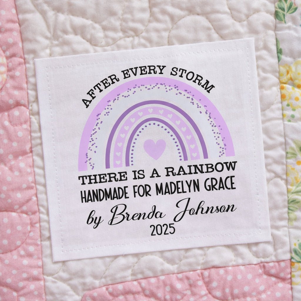 Personalized Rainbow Quilt Label – “After Every Storm There is a Rainbow” – Custom Name, Date & Maker – Cotton or Polyester Fabric Tag - Jammin Threads