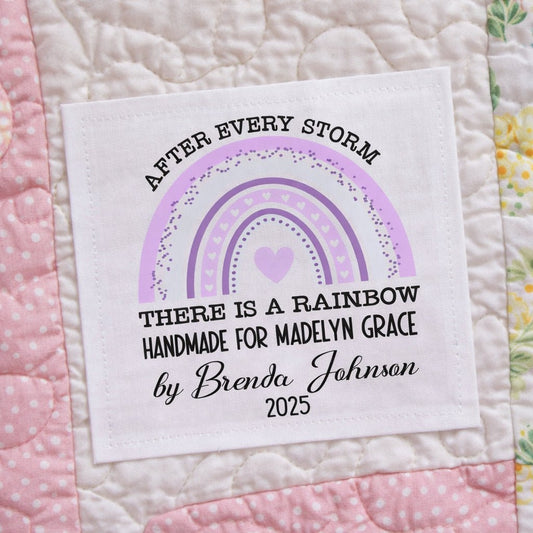 Personalized Rainbow Quilt Label – “After Every Storm There is a Rainbow” – Custom Name, Date & Maker – Cotton or Polyester Fabric Tag - Jammin Threads