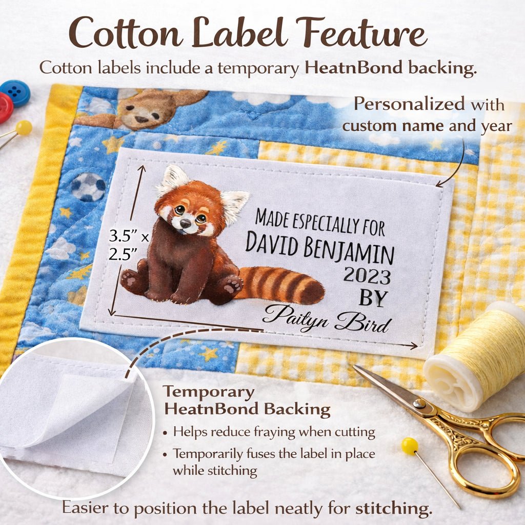 Personalized Red Panda Quilt Label for Kids – Custom Name, Year & Maker, Cute Animal Quilt Tag, Sew - On Fabric Label - Jammin Threads