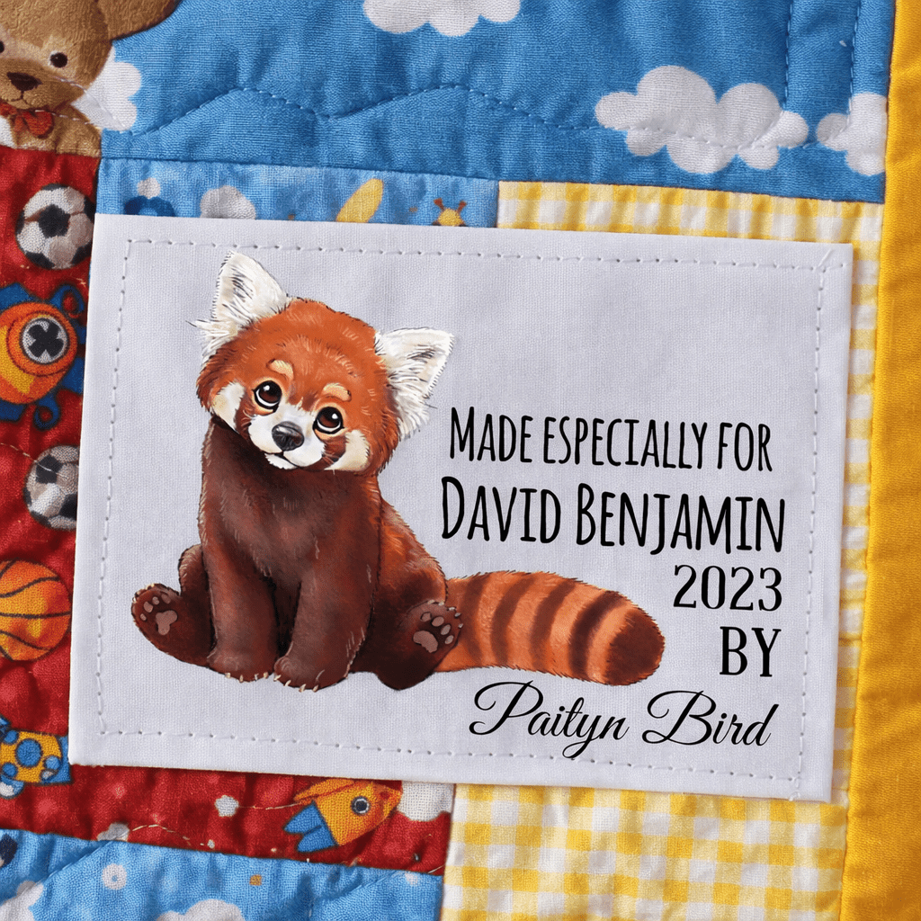 Personalized Red Panda Quilt Label for Kids – Custom Name, Year & Maker, Cute Animal Quilt Tag, Sew - On Fabric Label - Jammin Threads