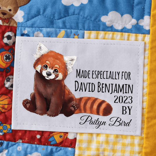 Personalized Red Panda Quilt Label for Kids – Custom Name, Year & Maker, Cute Animal Quilt Tag, Sew - On Fabric Label - Jammin Threads