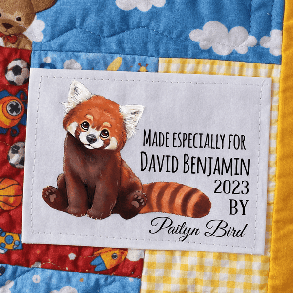Personalized Red Panda Quilt Label for Kids – Custom Name, Year & Maker, Cute Animal Quilt Tag, Sew - On Fabric Label - Jammin Threads