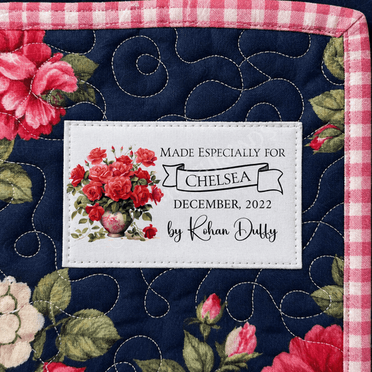 Personalized Red Rose Quilt Label – Custom Name, Date & Maker | Floral Quilt Label Tag | Cotton or Polyester 4” x 1.75” - Jammin Threads