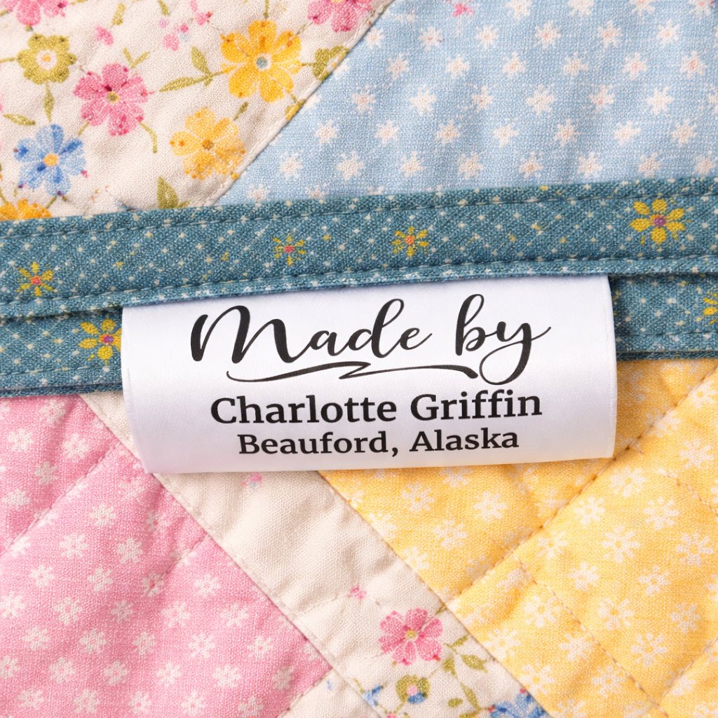 Personalized Satin Quilt Label – Made By Custom Name & Location Tag – Sew In Fabric Label (Fold Over) - Jammin Threads