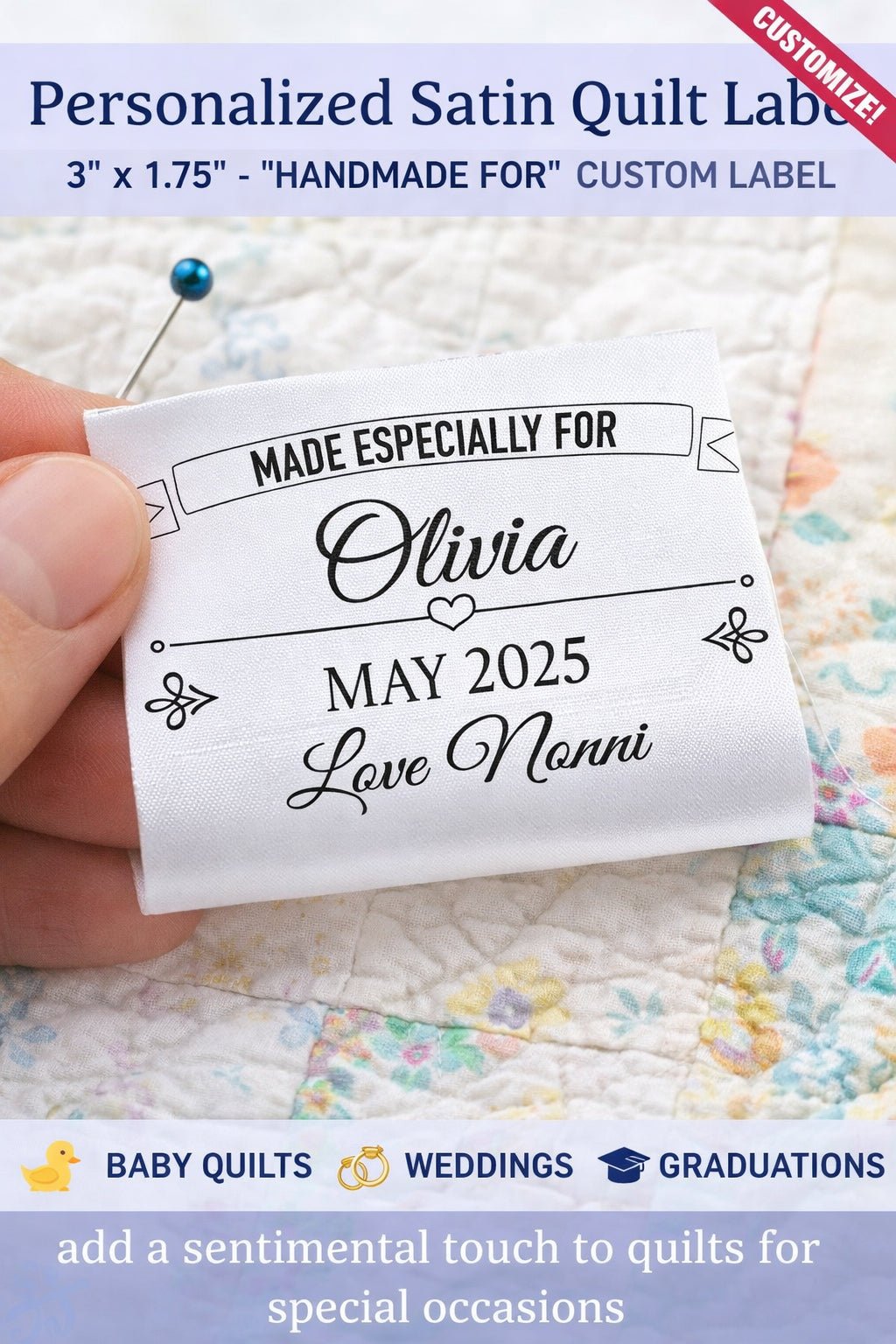 Personalized Satin Quilt Label – “Made Especially For” Custom Quilt Tag – Name, Date & Maker – Sew - In Fold Over Quilt Label - Jammin Threads