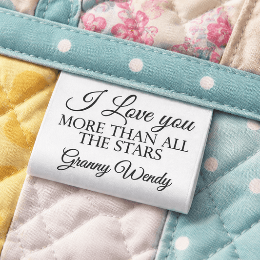 Personalized Satin Quilt Label Tag – “I Love You More Than All the Stars” – Custom Name – Sew - In Folded Tag (Set of 25) - Jammin Threads