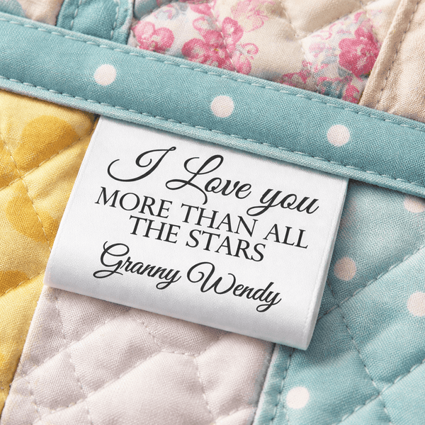 Personalized Satin Quilt Label Tag – “I Love You More Than All the Stars” – Custom Name – Sew - In Folded Tag (Set of 25) - Jammin Threads