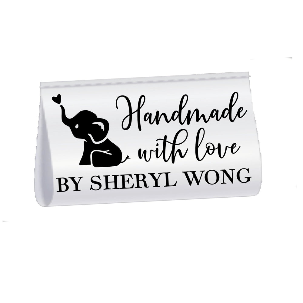 Personalized Satin Quilt Label with Elephant – Handmade with Love Tag – Custom Name Sew - In Label (Set of 25) - Jammin Threads
