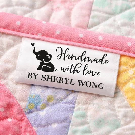 Personalized Satin Quilt Label with Elephant – Handmade with Love Tag – Custom Name Sew - In Label (Set of 25) - Jammin Threads