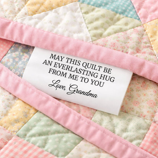 Personalized Satin Quilt Labels – “Everlasting Hug” Grandma Message – Custom Sewing Tags for Handmade Quilts – 2" or 3" – Set of 25 - Jammin Threads